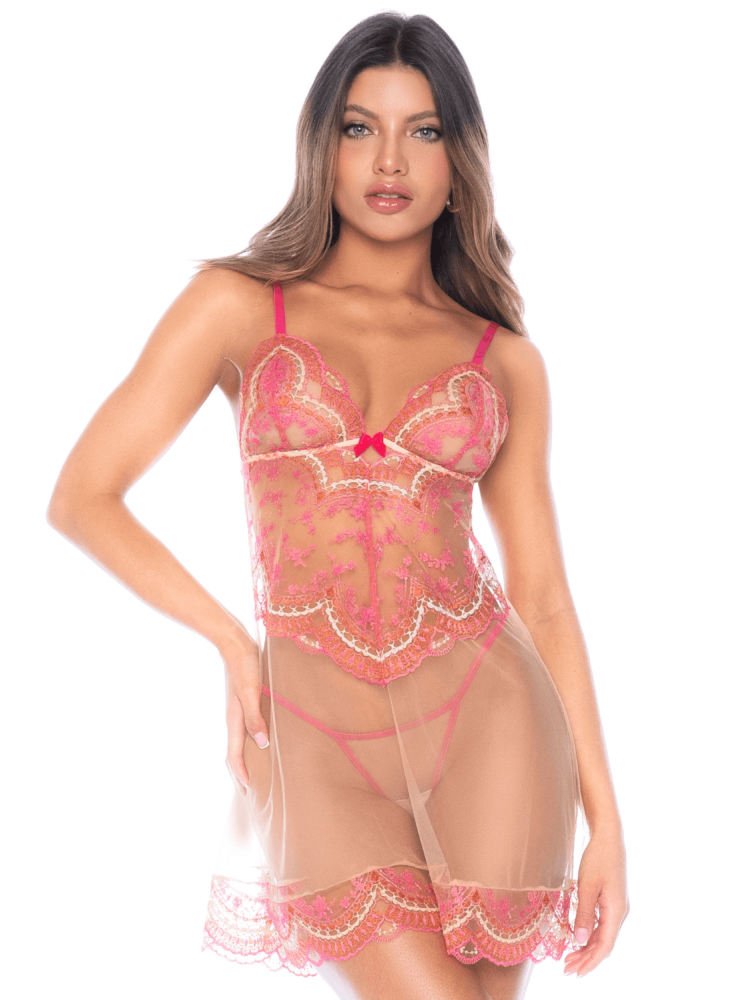 Nuisette en résille brodée avec string - MAL7604ROWP
